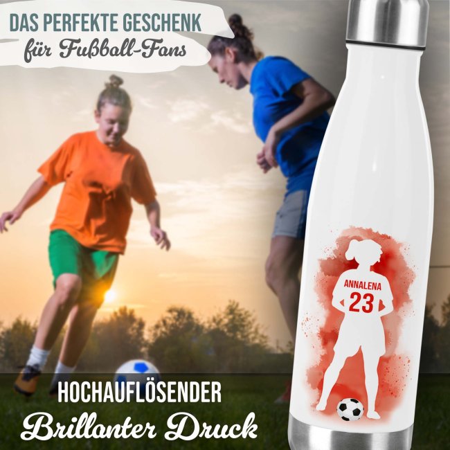Fu&szlig;ball-Trinkflasche f&uuml;r M&auml;dchen - Fu&szlig;ballerin rot - mit Name &amp; Nummer