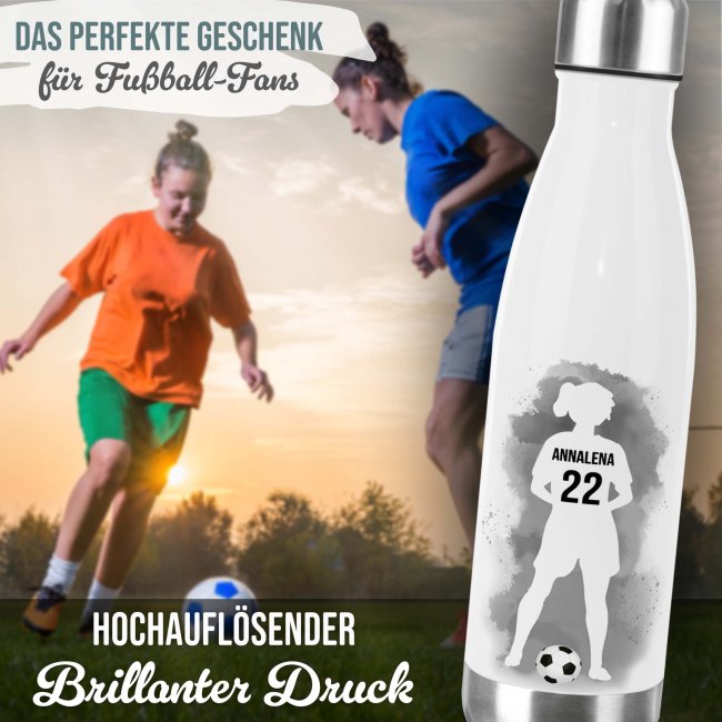 Fu&szlig;ball-Trinkflasche f&uuml;r M&auml;dchen - Fu&szlig;ballerin schwarz - mit Name &amp; Nummer