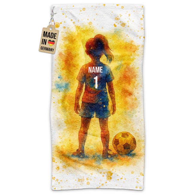 Fu&szlig;ball-Handtuch - Retro Fu&szlig;ballspielerin M&auml;dchen mit Name &amp; Trikotnummer