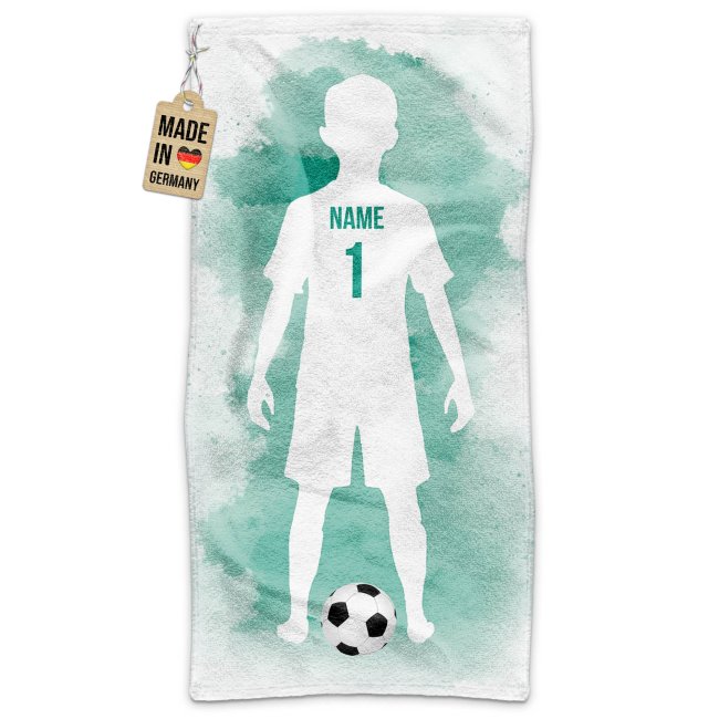 Fu&szlig;ball-Handtuch - Spieler Junge Gr&uuml;n mit Name &amp; Trikotnummer