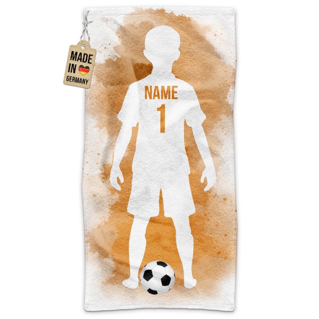 Fu&szlig;ball-Handtuch - Spieler Junge Orange mit Name &amp; Trikotnummer