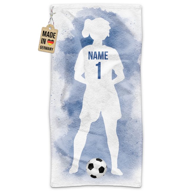 Fu&szlig;ball-Handtuch - Spielerin M&auml;dchen Blau mit Name &amp; Trikotnummer