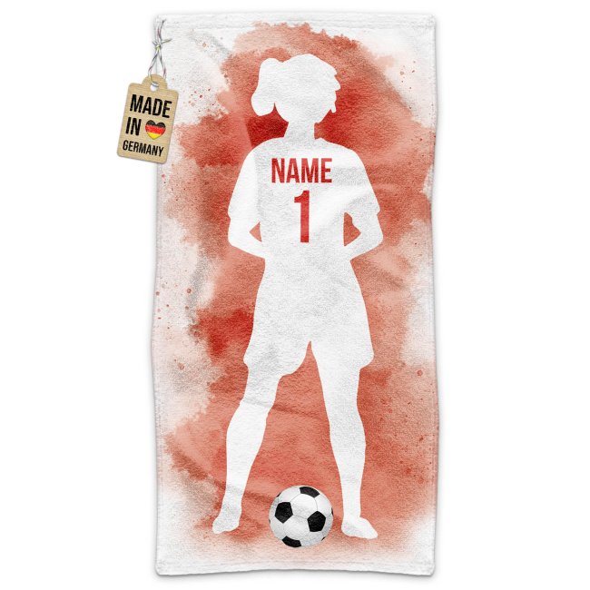 Fu&szlig;ball-Handtuch - Spielerin M&auml;dchen Rot mit Name &amp; Trikotnummer