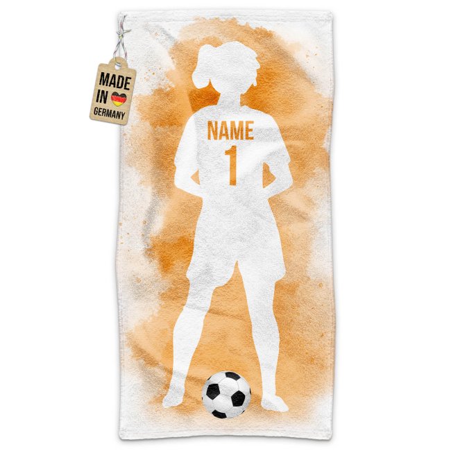 Fu&szlig;ball-Handtuch - Spielerin M&auml;dchen Orange mit Name &amp; Trikotnummer