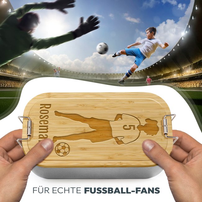 Brotdose mit Gravur - Fu&szlig;ball Spielerin - mit Name &amp; Trikotnummer