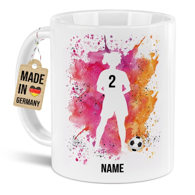 Tasse mit Fu&szlig;ballmotiv - Fu&szlig;ballspielerin M&auml;dchen - mit Name und Trikotnummer - zwei Tassenfarben