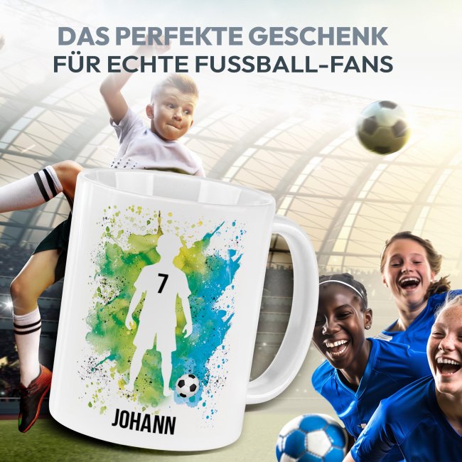 Tasse mit Fu&szlig;ballmotiv - Fu&szlig;ballspieler Junge - mit Name und Trikotnummer - zwei Tassenfarben