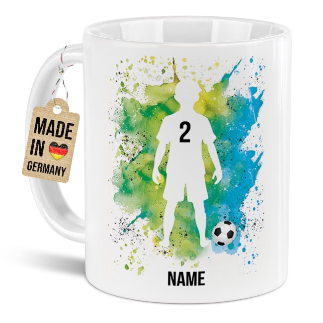 Tasse mit Fu&szlig;ballmotiv - Fu&szlig;ballspieler Junge - mit Name und Trikotnummer - zwei Tassenfarben