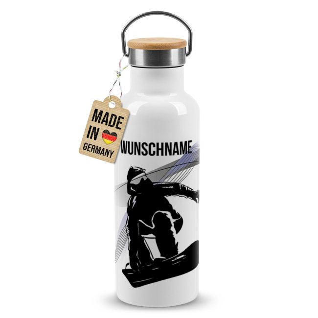 Trinkflasche mit Bambusdeckel - Wintersport - Snowboard - mit Name
