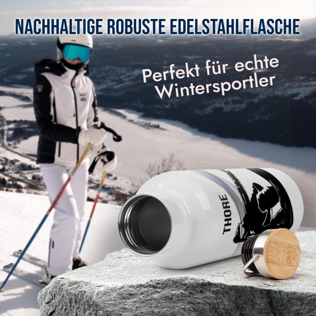 Trinkflasche mit Bambusdeckel - Wintersport - Snowboard - mit Name