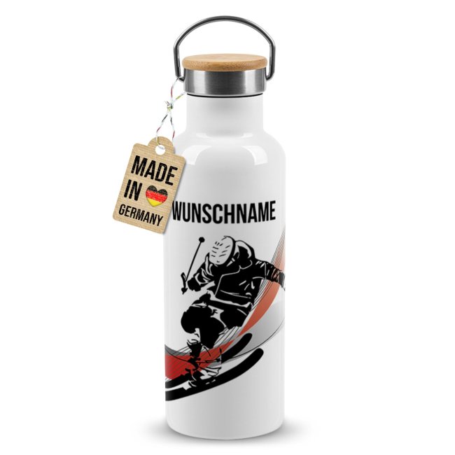 Trinkflasche mit Bambusdeckel - Wintersport - Abfahrtsski - mit Name