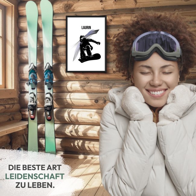 Fotodruck mit Bilderrahmen - Wintersport Snowboard - mit Name - 2 verschiedene Gr&ouml;&szlig;en
