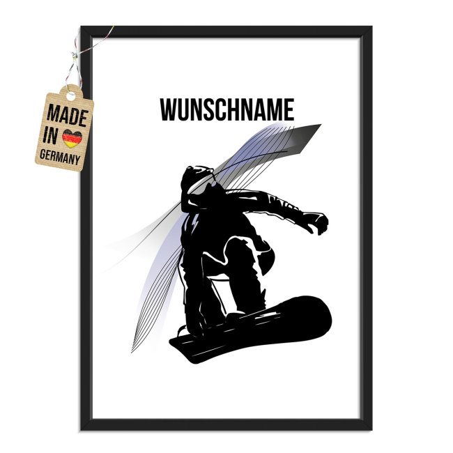 Fotodruck mit Bilderrahmen - Wintersport Snowboard - mit Name - 2 verschiedene Gr&ouml;&szlig;en