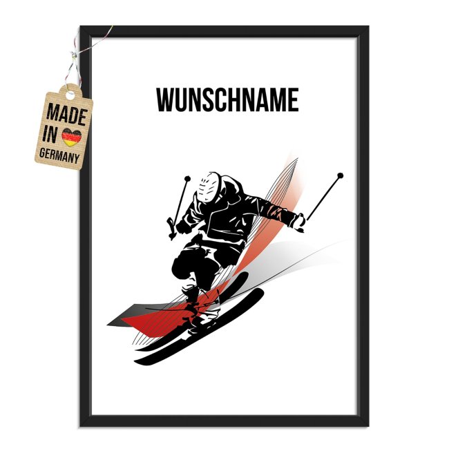 Fotodruck mit Bilderrahmen - Wintersport Abfahrtsski - mit Name - 2 verschiedene Gr&ouml;&szlig;en