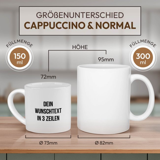 Cappuccino Tasse aus Keramik - mit Wunschtext bedrucken, beidseitig - mit Untertasse, 150 ml