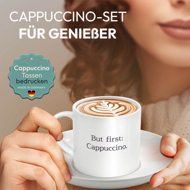 Cappuccino Tasse aus Keramik - mit Wunschtext bedrucken, beidseitig - mit Untertasse, 150 ml