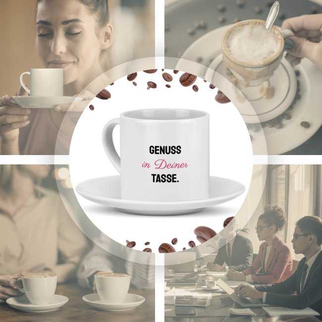 Cappuccino Tasse aus Keramik - mit Wunschtext bedrucken, beidseitig - mit Untertasse, 150 ml