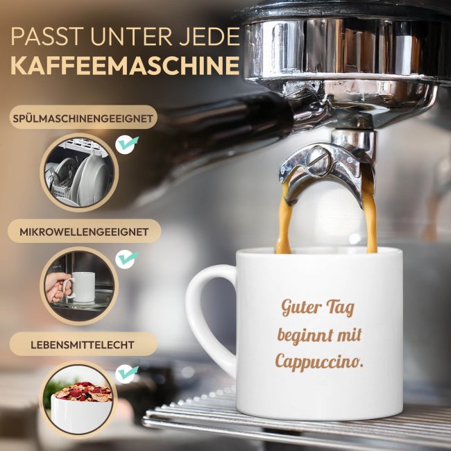 Cappuccino Tasse aus Keramik - mit Wunschtext bedrucken, beidseitig - mit Untertasse, 150 ml