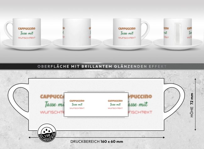 Cappuccino Tasse aus Keramik - mit Wunschtext bedrucken, beidseitig - mit Untertasse, 150 ml