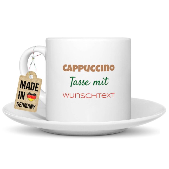 Cappuccino Tasse aus Keramik - mit Wunschtext bedrucken, beidseitig - mit Untertasse, 150 ml