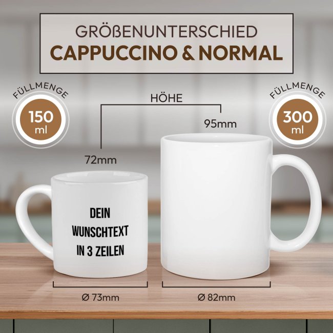 Cappuccino Tasse aus Keramik - mit Wunschtext bedrucken, mittig - mit Untertasse, 150 ml