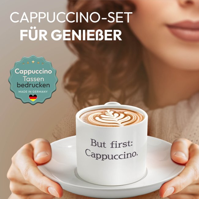 Cappuccino Tasse aus Keramik - mit Wunschtext bedrucken, mittig - mit Untertasse, 150 ml