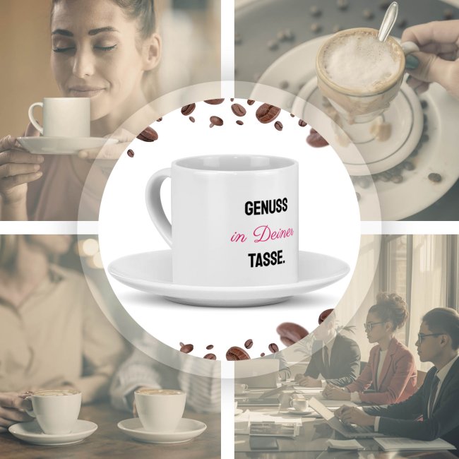 Cappuccino Tasse aus Keramik - mit Wunschtext bedrucken, mittig - mit Untertasse, 150 ml