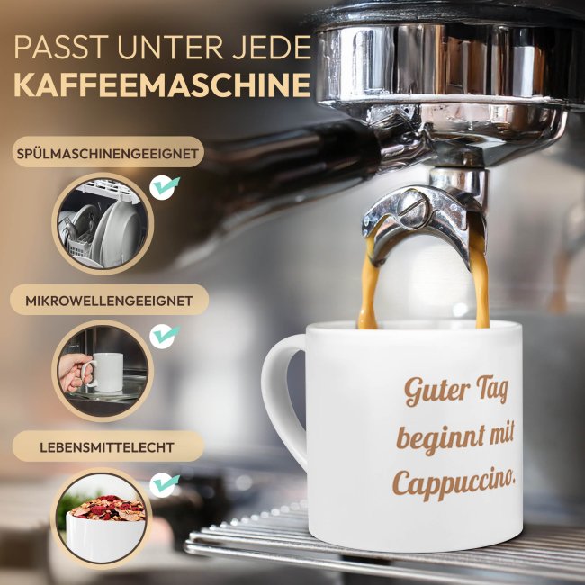 Cappuccino Tasse aus Keramik - mit Wunschtext bedrucken, mittig - mit Untertasse, 150 ml
