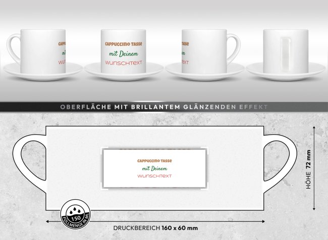 Cappuccino Tasse aus Keramik - mit Wunschtext bedrucken, mittig - mit Untertasse, 150 ml