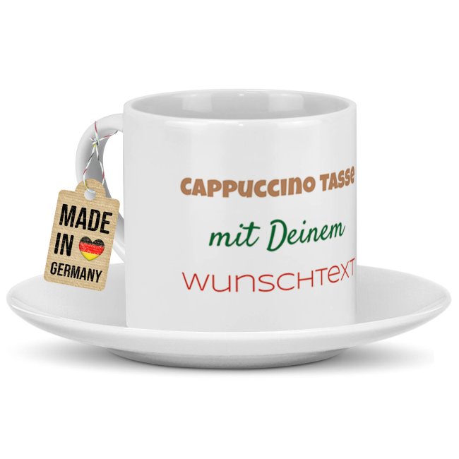 Cappuccino Tasse aus Keramik - mit Wunschtext bedrucken, mittig - mit Untertasse, 150 ml