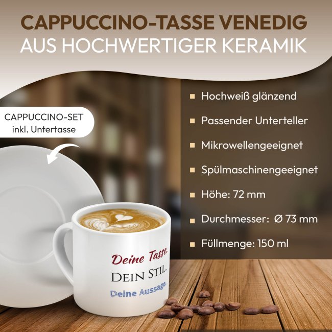 Cappuccino Tasse aus Keramik - mit Wunschtext bedrucken, mittig - mit Untertasse, 150 ml