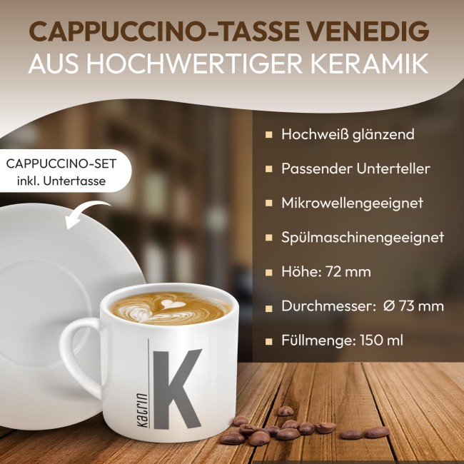 Personalisierte Cappuccino Tasse - mit Name &amp; Initiale - mit Untertasse, Keramik, 150 ml