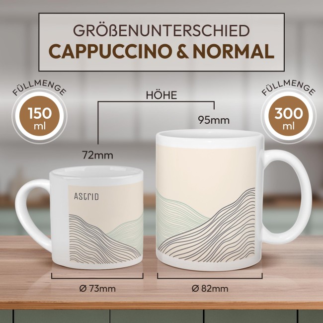 Personalisierte Cappuccino Tasse - Linien - mit Name - mit Untertasse, Keramik, 150 ml