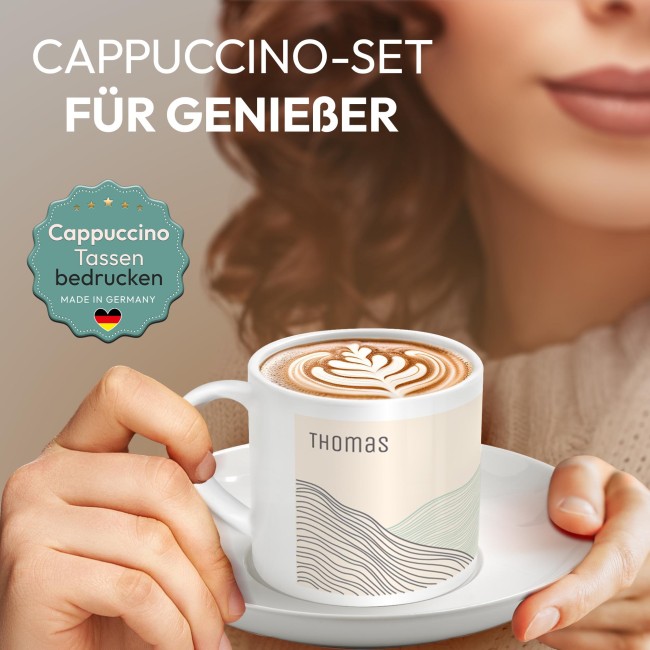 Personalisierte Cappuccino Tasse - Linien - mit Name - mit Untertasse, Keramik, 150 ml
