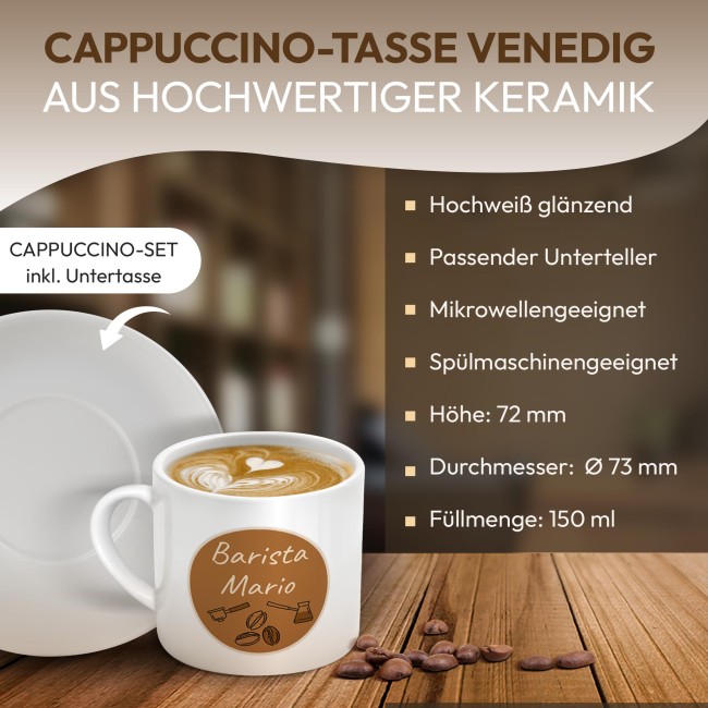 Personalisierte Cappuccino Tasse - Barista - mit Name - mit Untertasse, Keramik, 150 ml