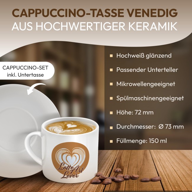 Cappuccino Tasse - Latte Art Heart - mit Untertasse, Keramik, 150 ml