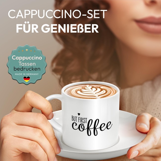 Cappuccino Tasse - But First Coffee - mit Untertasse, Keramik, 150 ml