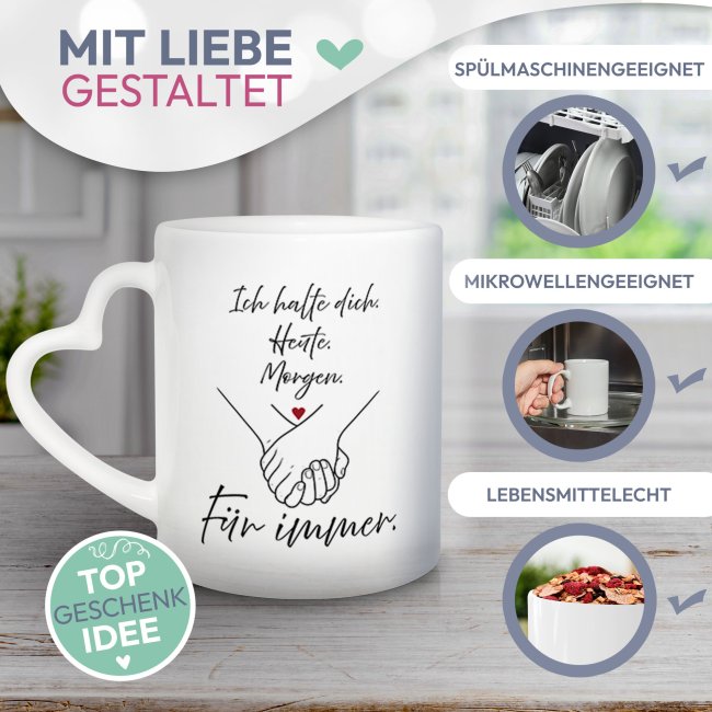 Partner-Tasse mit Spruch - Ich halte dich f&uuml;r immer - 2er-Set mit Herzhenkel