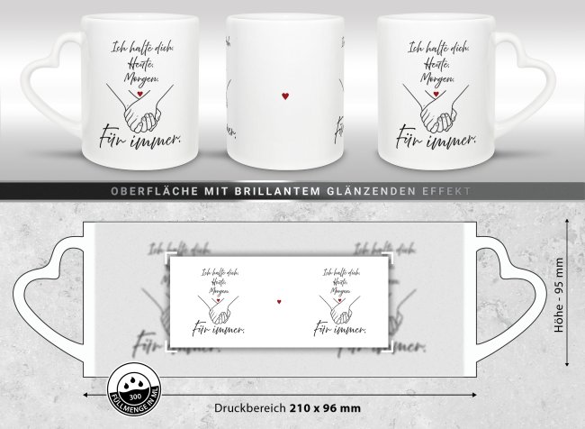 Partner-Tasse mit Spruch - Ich halte dich f&uuml;r immer - 2er-Set mit Herzhenkel