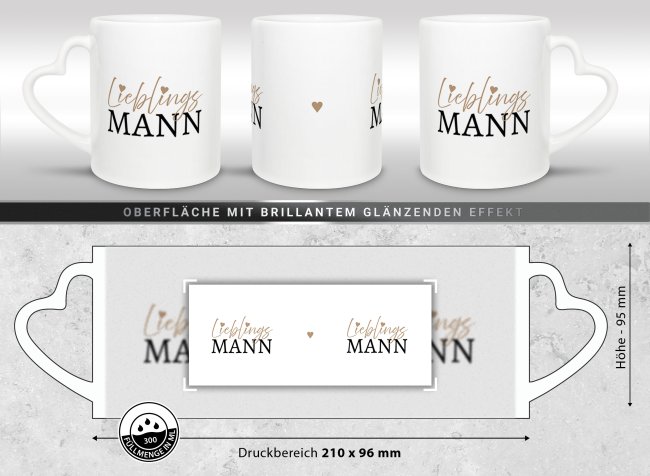 Partner-Tasse f&uuml;r M&auml;nner - Lieblingsmann - 2er-Set mit Herzhenkel