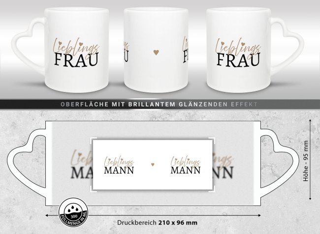 Partner-Tasse - Lieblingsfrau - Lieblingsmann - 2er-Set mit Herzhenkel