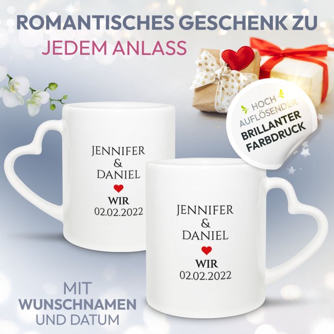Personalisierte Partner-Tasse mit Namen &amp; Datum - WIR - mit Herzhenkel