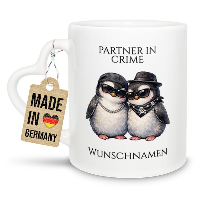 Personalisierte Partner-Tasse mit Namen - Partner in Crime - Pinguine - mit Herzhenkel