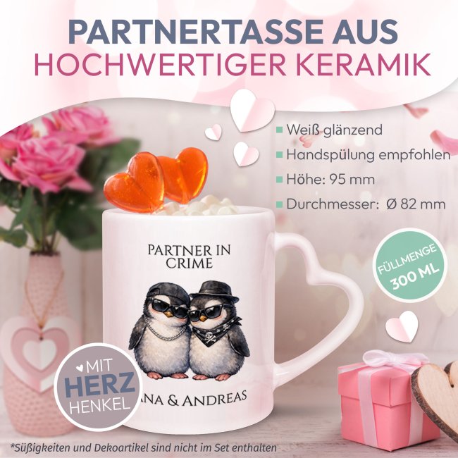 Personalisierte Partner-Tasse mit Namen - Partner in Crime - Pinguine - mit Herzhenkel