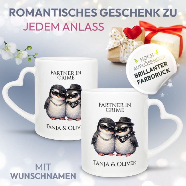 Personalisierte Partner-Tasse mit Namen - Partner in Crime - Pinguine - mit Herzhenkel