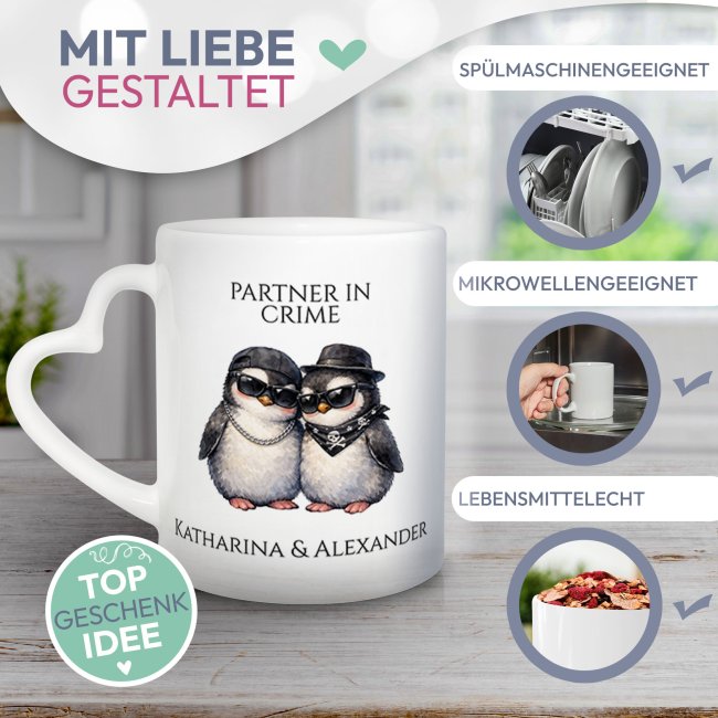 Personalisierte Partner-Tasse mit Namen - Partner in Crime - Pinguine - mit Herzhenkel
