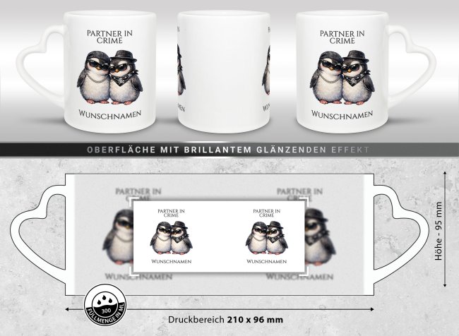 Personalisierte Partner-Tasse mit Namen - Partner in Crime - Pinguine - mit Herzhenkel