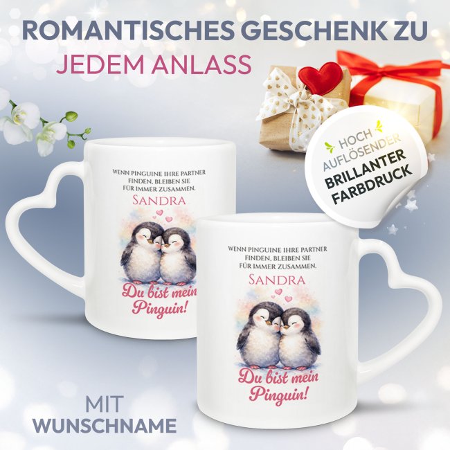 Personalisierte Partner-Tasse mit Name - Du bist mein Pinguin - mit Herzhenkel