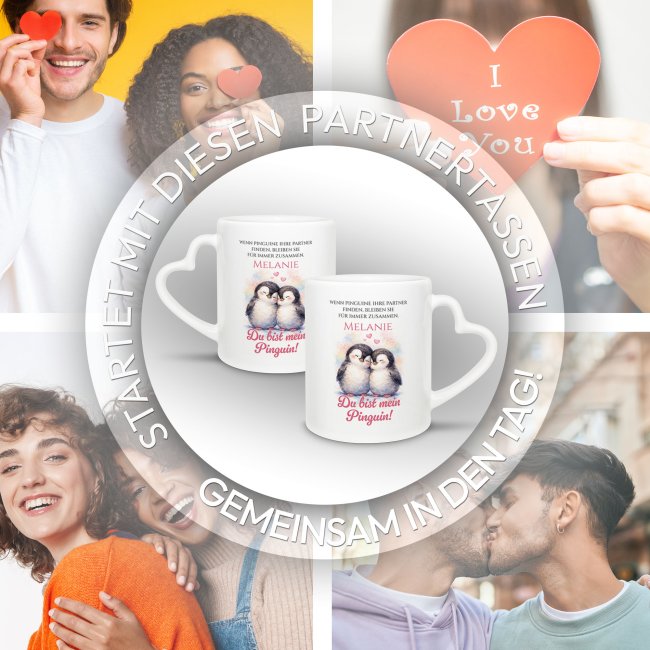Personalisierte Partner-Tasse mit Name - Du bist mein Pinguin - mit Herzhenkel