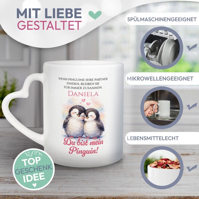 Personalisierte Partner-Tasse mit Name - Du bist mein Pinguin - mit Herzhenkel